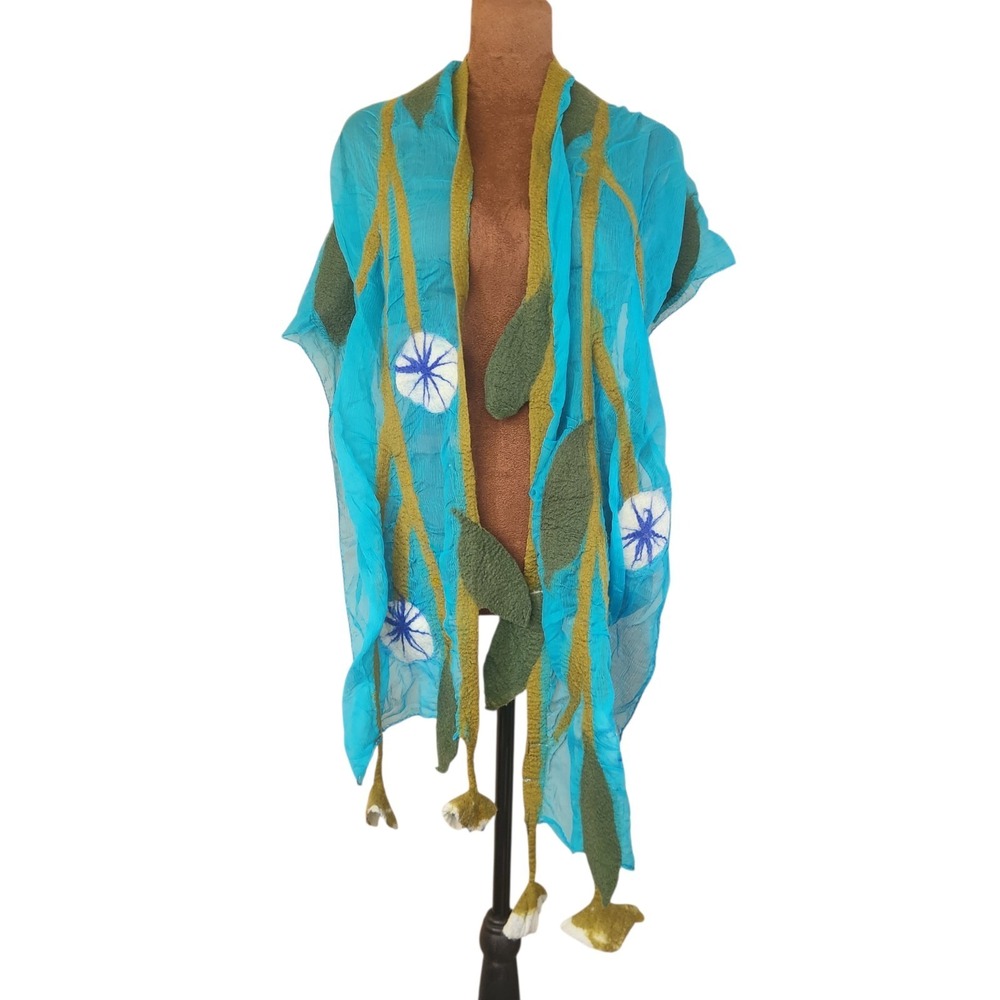 Felted Wool Long Scarf Chiffon Vine Floral BNB‎ Made In Nepal Blue Green